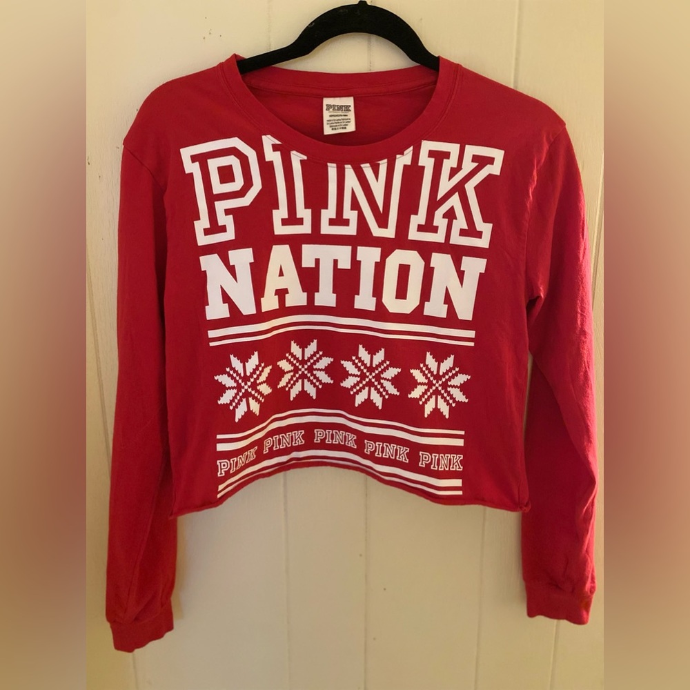 PINK Pink Nation Women's Red White Long Sleeve Crop Top, S